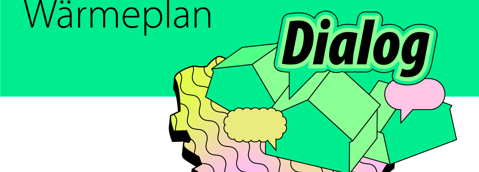 Oldenburger Wärmeplan Dialog Karte Häuser und Sprechblasen neongrün gelb rosa Oldenburger Wärmeplan Dialog Karte Häuser und Sprechblasen neongrün gelb rosa