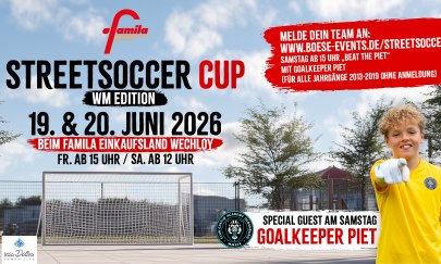 Streetsoccer Cup im Einkaufsland am 19. und 20.06. mit Goalkeeper Piet. Streetsoccer Cup im Einkaufsland am 19. und 20.06. mit Goalkeeper Piet.