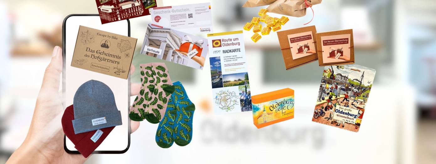 Smartphone mit verschiedenen Oldenburg-Souvenirs aus dem Onlineshop