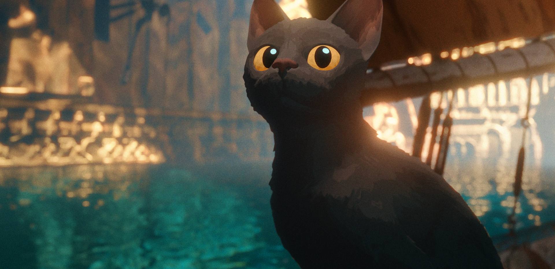 Schwarze Katze sitzt auf dem Boot.
