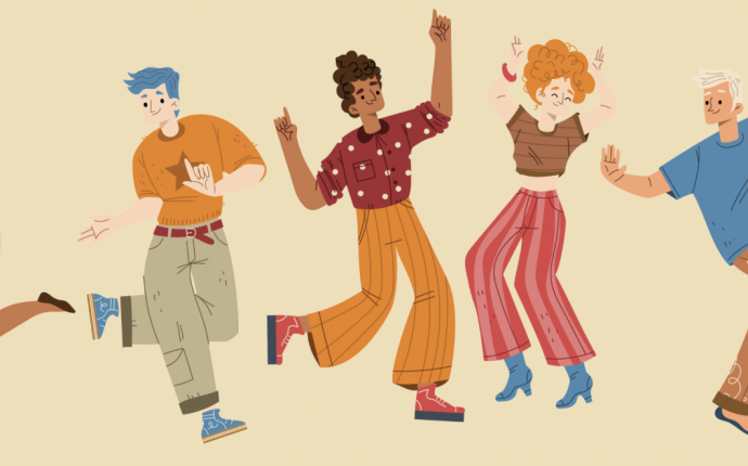Illustration von fünf unterschiedlich aussehenden Menschen, die fröhlich tanzen. Illustration von fünf unterschiedlich aussehenden Menschen, die fröhlich tanzen.
