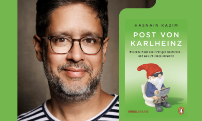 Portrait von Hasnain Kazim und das Buchcover von "Post von Karlheinz". Portrait von Hasnain Kazim und das Buchcover von "Post von Karlheinz".