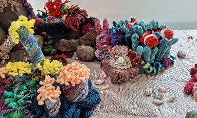 Auf dem Bild ist ein gehäkeltes Korallenriff zu sehen Auf dem Bild ist ein gehäkeltes Korallenriff zu sehen