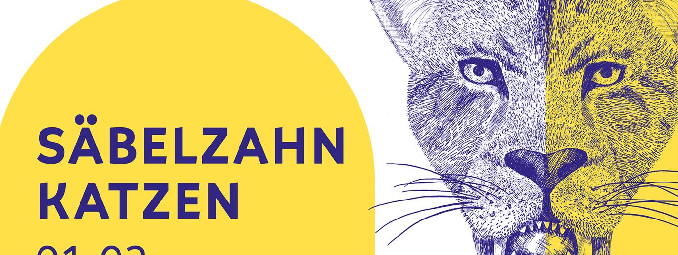 Das Keyvisual zur Sonderausstellung "Säbelzahnkatzen" zeigt den illustrierten Kopf einerr Säbelzahnkatze.