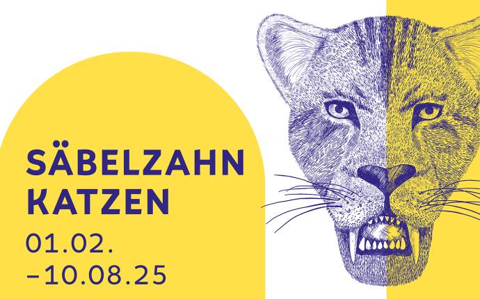 Das Keyvisual zur Ausstellung "Säbelzahnkatzen" zeigt einen illustrierten Kopf einer Säbelzahnkatze. Das Keyvisual zur Ausstellung "Säbelzahnkatzen" zeigt einen illustrierten Kopf einer Säbelzahnkatze.