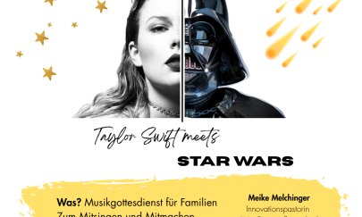Plakat mit Logo, Taylor Swift und Darth Vader und Infotext Plakat mit Logo, Taylor Swift und Darth Vader und Infotext