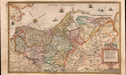 Karte der Niederlande (Germaniae Inferioris…) aus dem Atlas „Speculum Orbis terrarum“, Gerard de Jode, 1578.