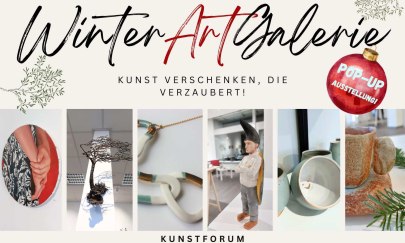 Man sieht eine Grafik auf hell-beigem Hintergrund, auf welcher der Schriftzug „WinterArtGalerie - Kunst verschenken, die verzaubert" zu lesen ist. Darunter sind sechs Fotos abgebildet, von verschiedenen Objekten: Gemälden, Metall Skulpturen, Schmuck, Holzskulpturen und Keramiktassen. Unten steht in einem Schriftzug „Kunstforum - Rosenstr. 41 26122 Oldenburg - werkschule.de". Man sieht eine Grafik auf hell-beigem Hintergrund, auf welcher der Schriftzug „WinterArtGalerie - Kunst verschenken, die verzaubert" zu lesen ist. Darunter sind sechs Fotos abgebildet, von verschiedenen Objekten: Gemälden, Metall Skulpturen, Schmuck, Holzskulpturen und Keramiktassen. Unten steht in einem Schriftzug „Kunstforum - Rosenstr. 41 26122 Oldenburg - werkschule.de".