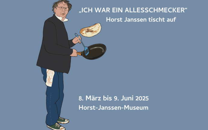 Gezeichneter Horst Janssen mit Bratpfanne Gezeichneter Horst Janssen mit Bratpfanne
