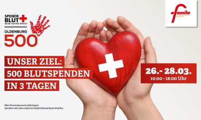 Unser Ziel: 500 Blutspenden vom 26.-28.03 im Einkaufsland Wechloy Unser Ziel: 500 Blutspenden vom 26.-28.03 im Einkaufsland Wechloy