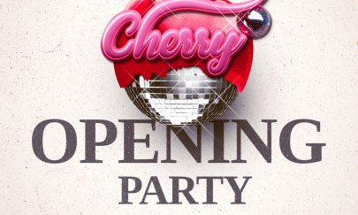 Werbeflyer für die „Cherry Opening Party“, eine Musikveranstaltung mit Disco- und House-Musik. Werbeflyer für die „Cherry Opening Party“, eine Musikveranstaltung mit Disco- und House-Musik.