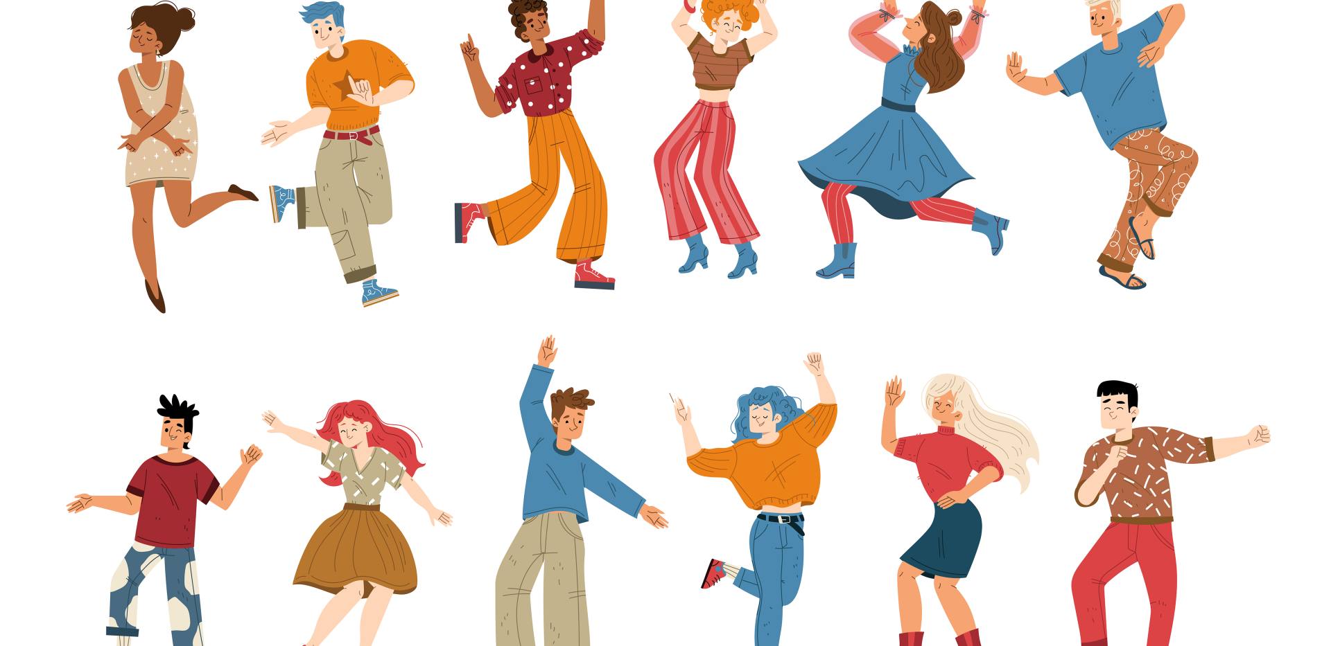 Illustration von tanzenden Menschen in bunten Outfits. Die Figuren bewegen sich frei, fröhlich und voller Energie, jede auf ihre eigene Weise.