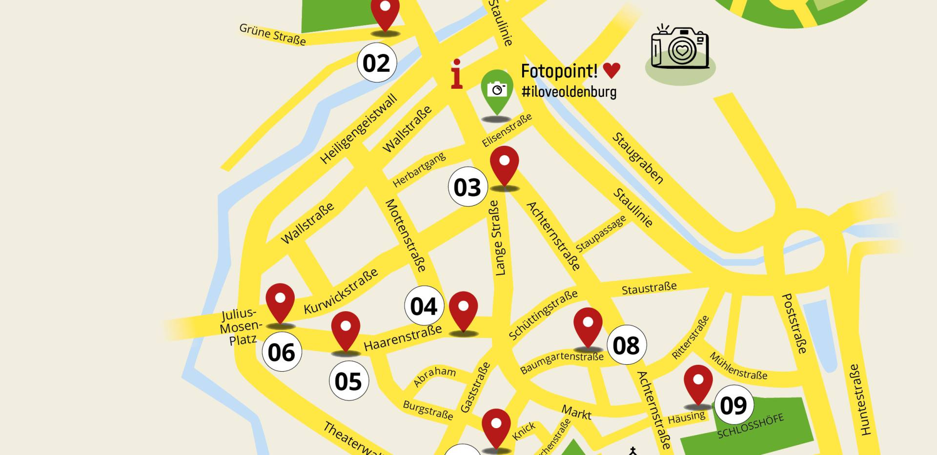 Ausschnitt eines Stadtplanes mit den Standorten der Stadtgärten 2025.