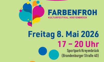 MUSIK, TANZ, THEATER UND KREATIVE AKTIONEN AUS DEM STADTTEIL UND DAR&Uuml;BER HINAUS
Die Kulturpromenade Kreyenbrück pr&auml;sentiert am Freitag, den 08.Mai 2026 im Sportpark Kreyenbr&uuml;ck ein vielf&auml;ltiges Programm 23 lokaler Kunst- und Kulturakteur*innen.
An 16 verschiedenen Standorten treten abwechselnd kreative Menschen auf, so dass ihr 3 bunte Stunden durch den Sportpark promenieren k&ouml;nnt.