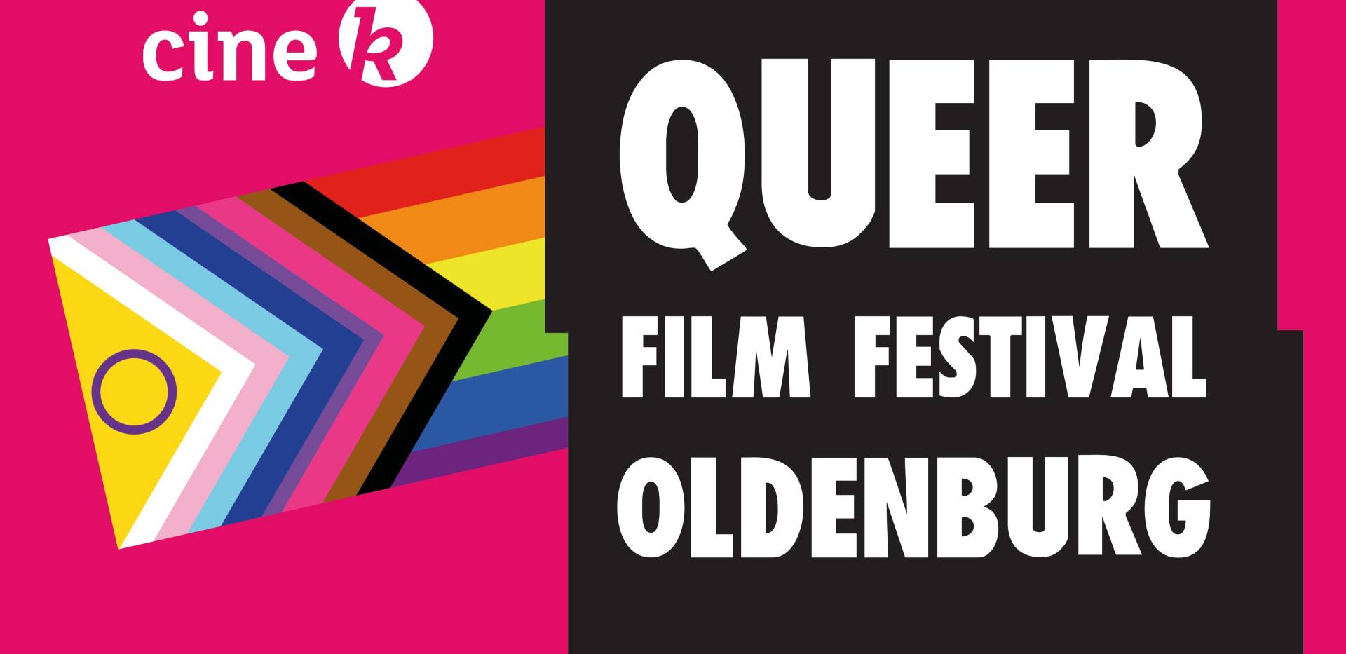Auf dem Bild rechts ist das Queer Film Festival Oldenburg Logo abgebildet. Oben links daneben befindet sich das Cine k Logo. In der Mitte links hinter dem Queer Film Festival Oldenburg Logo ist eine Pride-Flagge zu erkennen. Auf dem Bild rechts ist das Queer Film Festival Oldenburg Logo abgebildet. Oben links daneben befindet sich das Cine k Logo. In der Mitte links hinter dem Queer Film Festival Oldenburg Logo ist eine Pride-Flagge zu erkennen.