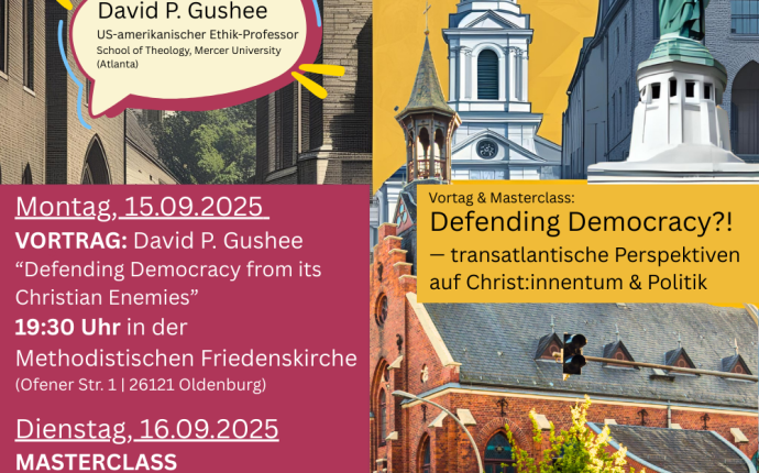 Auf dem Bild sind verschiedene Kirchen zu sehen sowie der Veranstaltungstitel und Informationen zu Ort und Zeit des Vortrags.