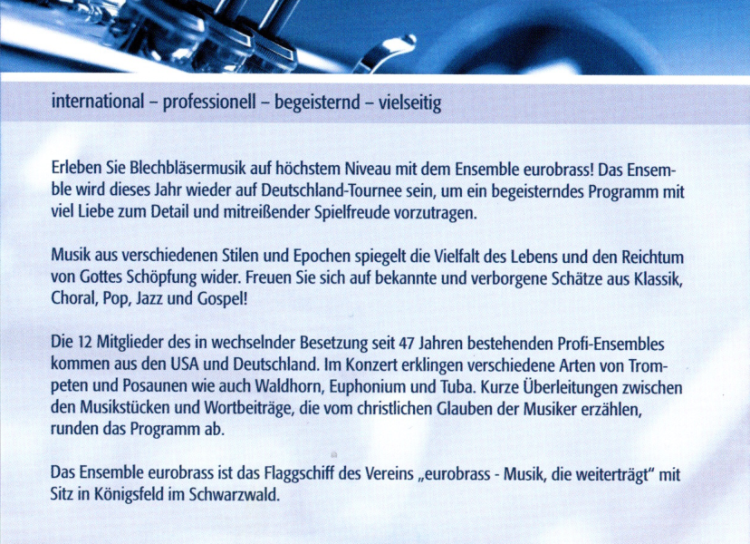 Weitere Informationen und Termine unter: www.eurobrass.deCD: Treu ist der Herr/Faithful is The Lord