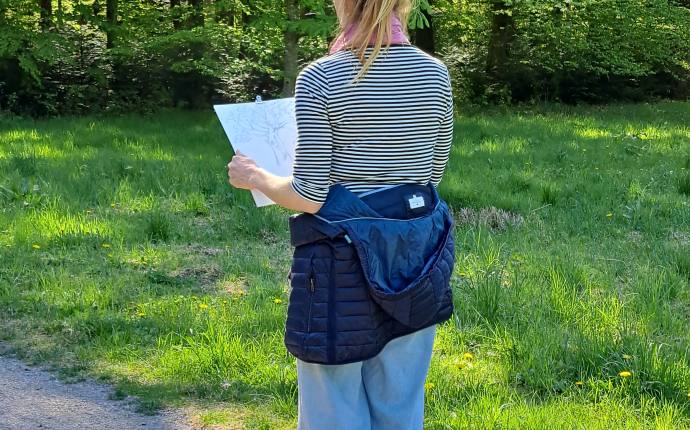 Eine Frau steht auf einem Waldweg und zeichnet einen vor ihr stehenden Baum. Foto: Uwe Fischer Eine Frau steht auf einem Waldweg und zeichnet einen vor ihr stehenden Baum. Foto: Uwe Fischer