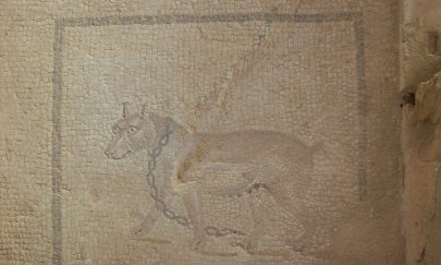 Ein altes Mosaikwerk mit einem Hund drauf.