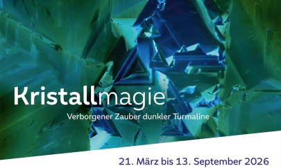 Das Bild zeigt das Plakatmotiv der Sonderausstellung. Zu sehen ist das vergrößerte innere eines Turmalins. Im Vordergrund steht der Titel der Ausstellung "Kristallmagie. Verborgener Zauber dunkler Turmaline" und die Laufzeit der Ausstellung "21. März bis 13. September 2026" Das Bild zeigt das Plakatmotiv der Sonderausstellung. Zu sehen ist das vergrößerte innere eines Turmalins. Im Vordergrund steht der Titel der Ausstellung "Kristallmagie. Verborgener Zauber dunkler Turmaline" und die Laufzeit der Ausstellung "21. März bis 13. September 2026"