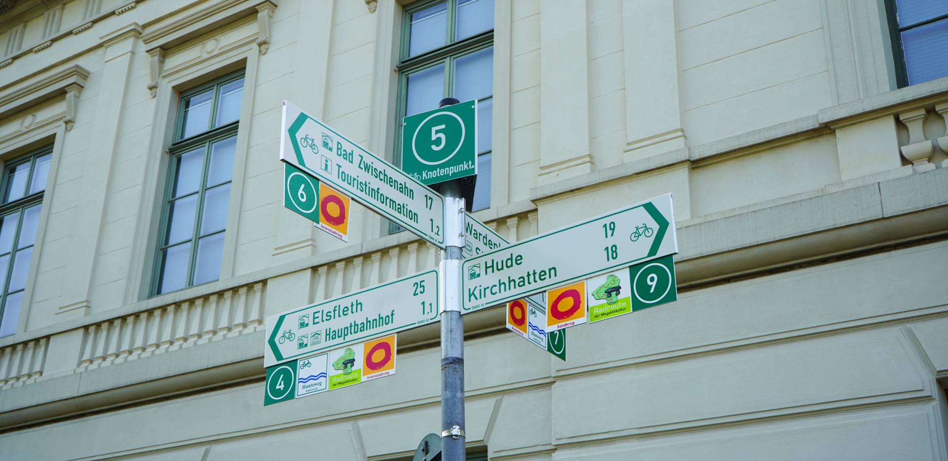Radwegweiser mit Knotenpunktausschilderung in Oldenburg