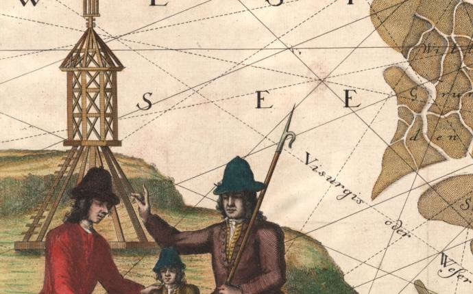 Navigationsgeräte und Bake. Aus der Elbmündungskarte von Zimmermann u. Hasenbanck, 1721.