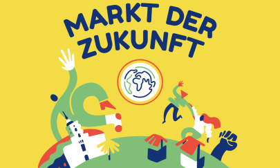 Schriftzug Markt der Zukunft
Darunter in bunten Farben ein Schloss, winkende Menschen, die Erde, Marktstände und eine Protestfaust Schriftzug Markt der Zukunft
Darunter in bunten Farben ein Schloss, winkende Menschen, die Erde, Marktstände und eine Protestfaust
