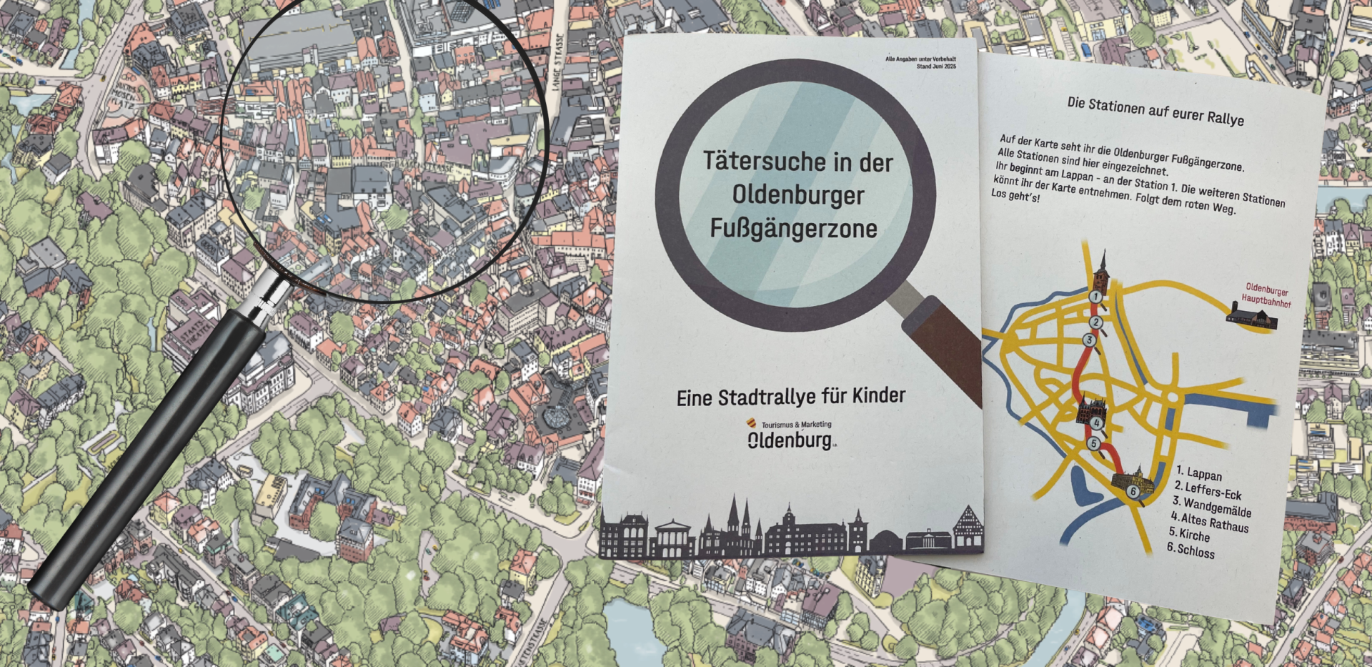 Vorder- und Rückseite des Rallyeheftes auf einem Stadtplan mit einer Lupe. Vorder- und Rückseite des Rallyeheftes auf einem Stadtplan mit einer Lupe.