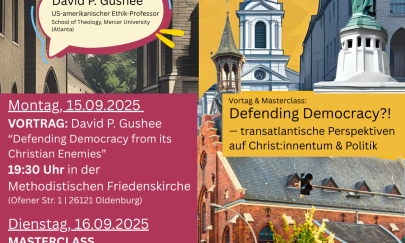 Auf dem Bild sind verschiedene Kirchen zu sehen sowie der Veranstaltungstitel und Informationen zu Ort und Zeit des Vortrags.