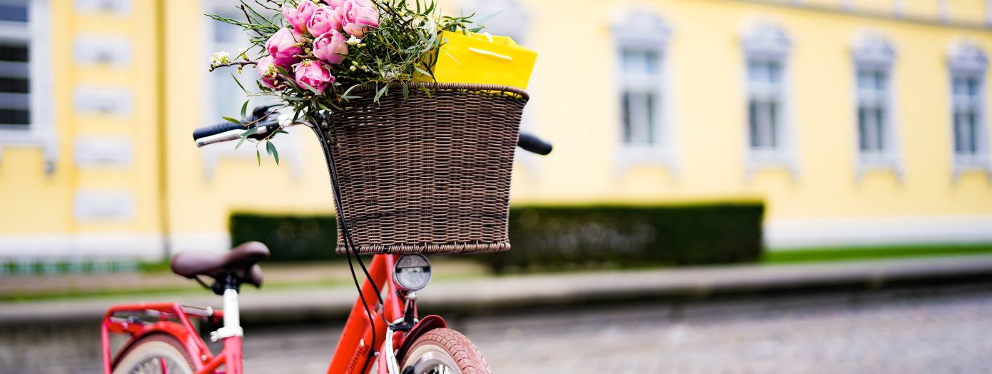 Das rote Fahrrad vor dem Oldenburger Schloss l&auml;dt zur Veranstaltung Hallo Fahrrad ein.