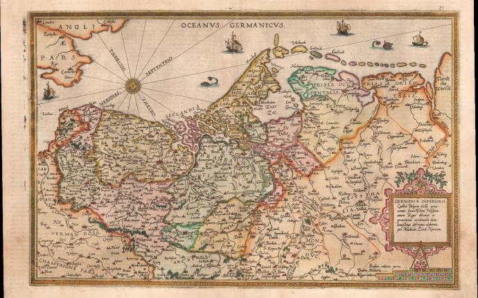 Karte der Niederlande (Germaniae Inferioris…) aus dem Atlas „Speculum Orbis terrarum“, Gerard de Jode, 1578.
