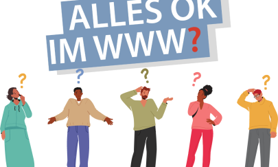 Auf dem Bild sind männlich und weiblich gelesene Personen zu sehen, die Fragen schauend. Jede Person hat ein Fragezeichen über ihrem Kopf.Über der Personengruppe schwebt das Logo der Onlinereihe "Alles OK im WWW?". Die Buchstaben des Titels sind weiß auf blaugrauen Grund und das Fragezeichen ist rot.