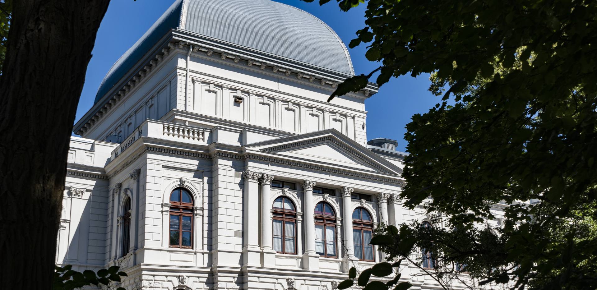 Blick auf das Oldenburgische Staatstheater durch Bäume.