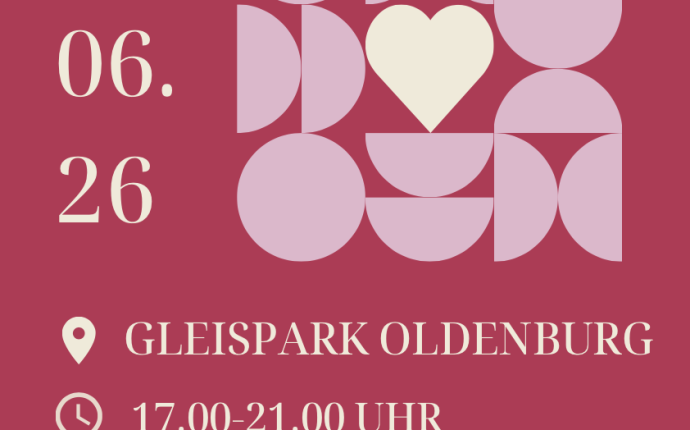 Plakat zur Segenshochzeit am 26.06.2026 im Gleispark Oldenburg von 17-21 Uhr. Mit Infos, Qr-Code und LGBTQIA+ Herz-Symbol