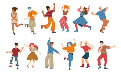 Illustration von tanzenden Menschen in bunten Outfits. Die Figuren bewegen sich frei, fröhlich und voller Energie, jede auf ihre eigene Weise.