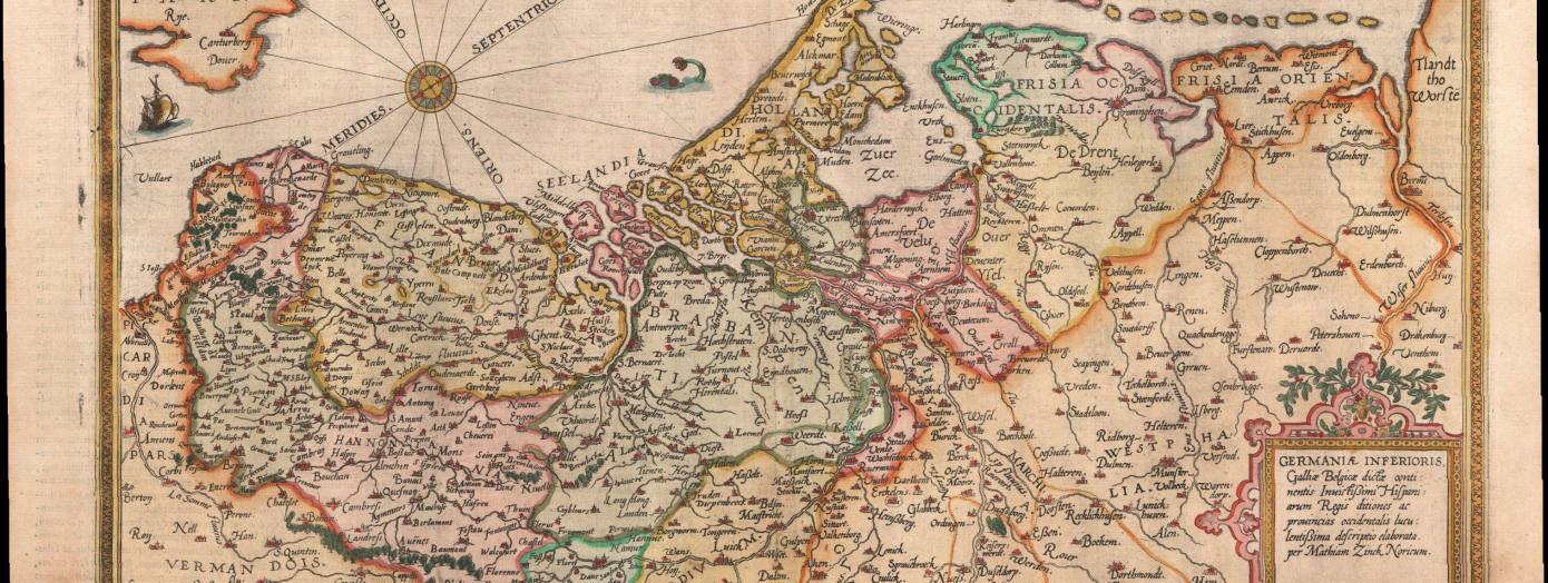 Karte der Niederlande (Germaniae Inferioris…) aus dem Atlas „Speculum Orbis terrarum“, Gerard de Jode, 1578.