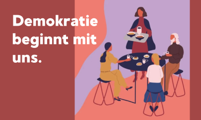 Illustration Menschen im Caf&eacute;, Text Demokratie beginnt mit uns