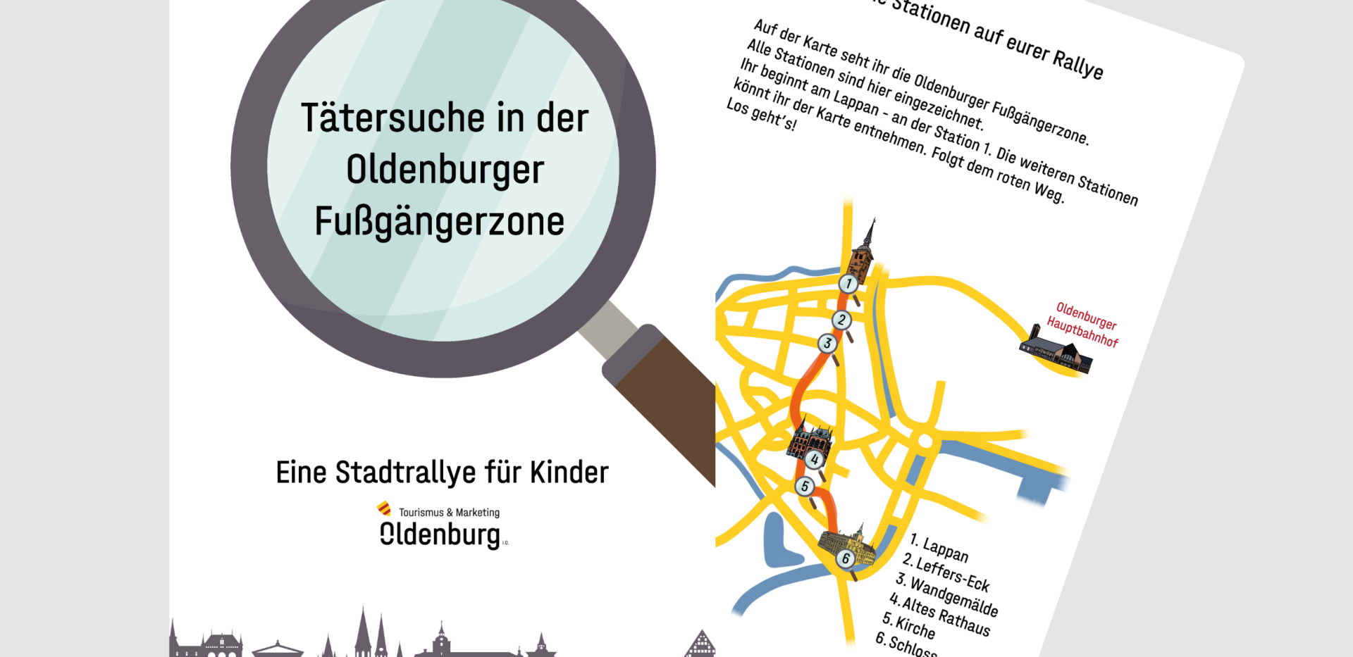 Vorder- und R&uuml;ckseite der Kinderstadtrallye "T&auml;tersuche in der Oldenburger Fu&szlig;g&auml;ngerzone".