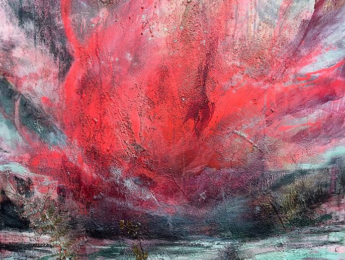 Elke Langer: Y&Ouml;NPUNAINEN, 2024, Acryl und Naturmaterial auf Leinwand