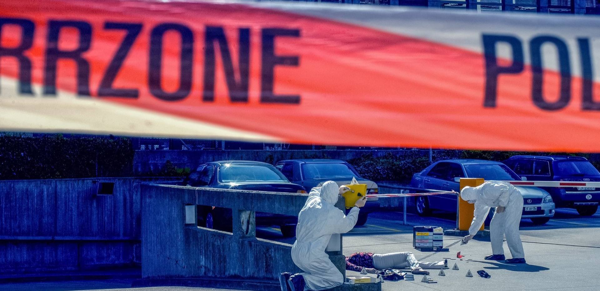 SpuSi-Mitarbeiter bei ihrer Arbeit an einem Tatort.