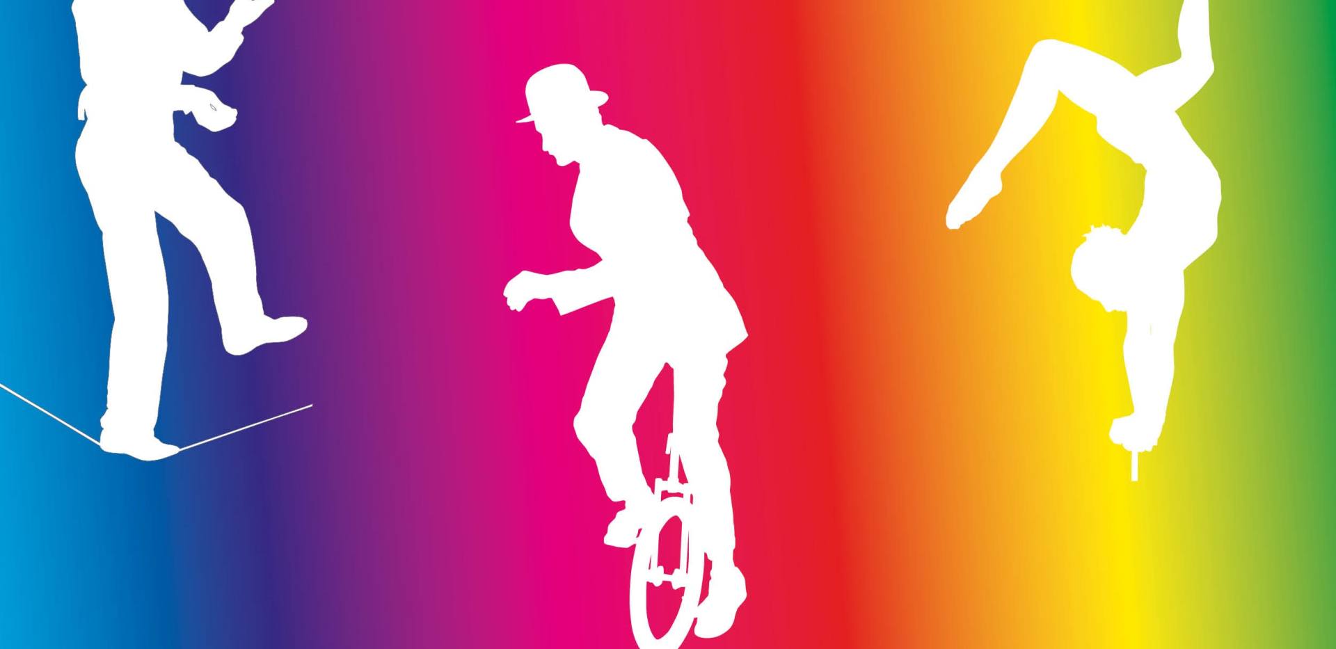 Regenbogenfarben und drei Figuren (Jongleur, Ballettänzerin und Einradfahrer).