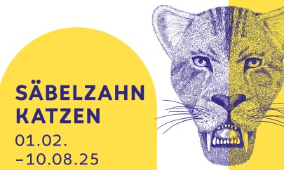 Das Keyvisual zur Ausstellung "Säbelzahnkatzen" zeigt einen illustrierten Kopf einer Säbelzahnkatze.