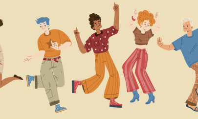 Illustration von f&uuml;nf unterschiedlich aussehenden Menschen, die fr&ouml;hlich tanzen.