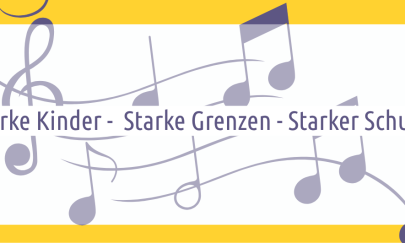 Bild mit dem Text "starke Kinder - starke Grenzen - starker Schutz" in einer klaren Schriftart. Der Text ist hinterlegt mit einem Notenblatt.