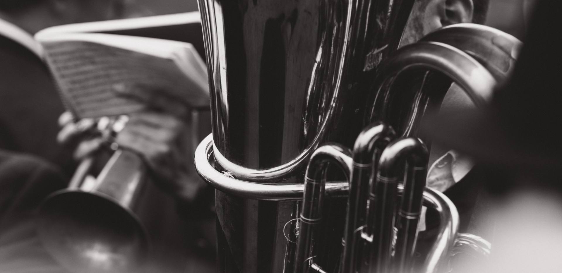 Dramatisches Schwarzwei&szlig;bild eines Blaskapellenspielers mit einer Tuba in M&uuml;nchen, Deutschland. Foto: Bastian Riccardi/Pexels