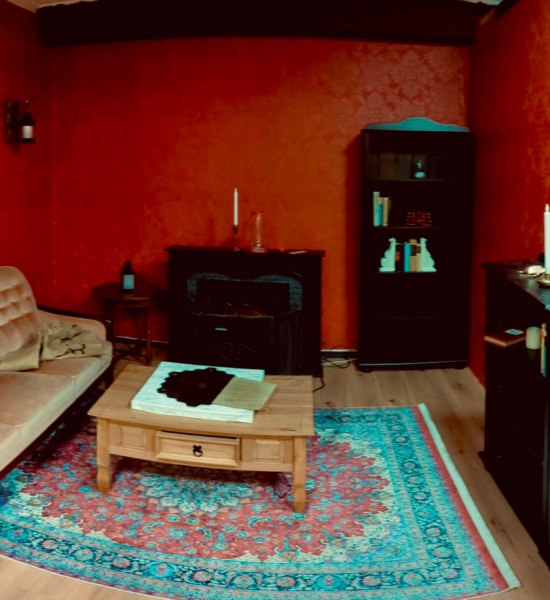 Einblick in unseren Escape Room "Leichte Beute" – ein viktorianisch eingerichteter Raum mit roter Tapete, antiker Couch, Kamin, Bücherregalen und geheimnisvollen Requisiten. Als Diebesbande schleicht ihr euch in das Haus eines geheimnisvollen, reichen Händlers und versucht, seine Schätze zu entdecken und mehr über ihn herauszufinden.