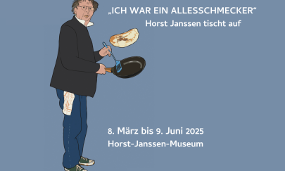 Gezeichneter Horst Janssen mit Bratpfanne