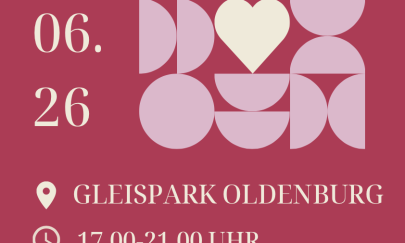 Plakat zur Segenshochzeit am 26.06.2026 im Gleispark Oldenburg von 17-21 Uhr. Mit Infos, Qr-Code und LGBTQIA+ Herz-Symbol