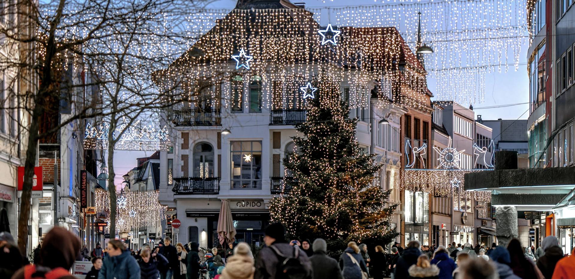 Blick auf das "Lefferseck" in Oldenburg mit Tanne und Weihnachtsbeleuchtung.