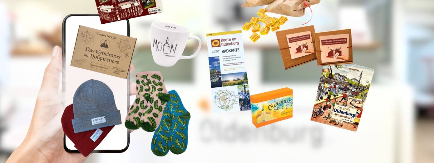 Smartphone mit verschiedenen Oldenburg-Souvenirs aus dem Onlineshop